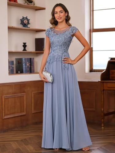 Image of Lace Applique Chiffon Mother of Bride Dresses - Short Sleeve Pleated Long Mother of The Groom Dress