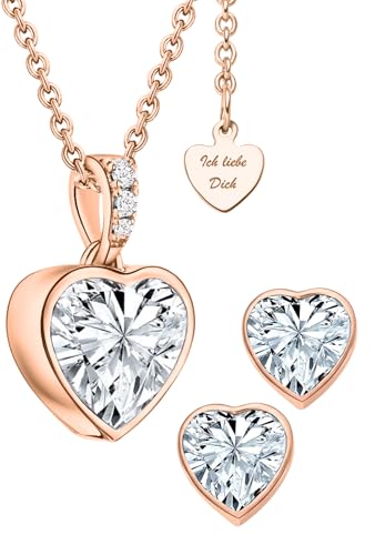 Schmuck Set Damen Rosegold vergoldet Silber 925 Herz Schmuckset 3tlg Weihnachten Kette Ohrringe Set Halskette Ich Liebe Dich Schmuck Geschenk Frau Ehefrau Freundin Geburtstag...