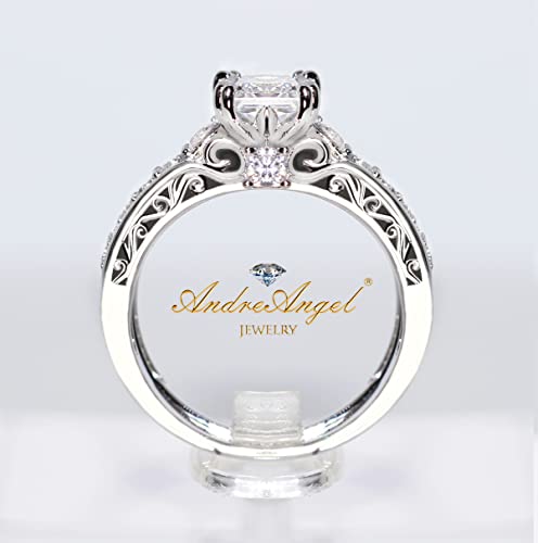 AndreAngel Engagement Ring Set for Women 2 pcs, Princess Cut 0.75 Carat, Solid Sterling Silver 925, 50 Cubic Zirconia Stones High Grade AAAAA+3