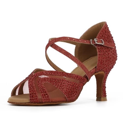 Syrads Damen Standard & Latein Tanzschuhe Salsa Tango Walzer Bachata Kizomba Modern Tanzschuhe mit Strasssteinen,Rot 7.5cm Heel,39 EU