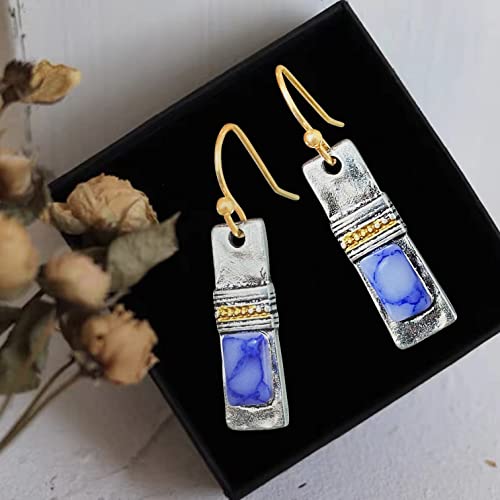 Unique Handmade Bohemian Enamel Vintage Matt Silver Bar Dangle Earrings Chic Round Blue Gemstone Geometric Square Drop Earrings for Women Statement Jewelry (Silver)3