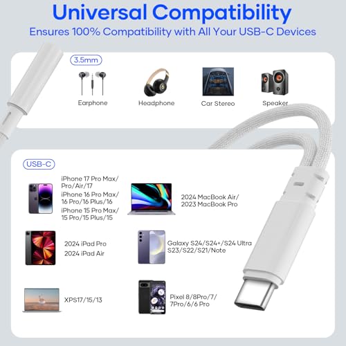 Esiposs USB C Klinke Adapter, 2 in 1 Adapter USB C Auf Klinke 3.5 mm und Laden Mikrofon USBC Kopfhörer Konverter Typ C USBC zu Aux Hi-Res Audio Converter für i Phone 17 16 Pad Samsung S24/S23, Weiß