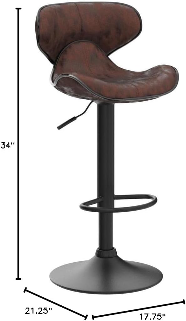 Roundhill Furniture Masaccio Weathered Brown Upholstery Airlift Adjustable Swivel Barstool with Chrome Base, Set of 2