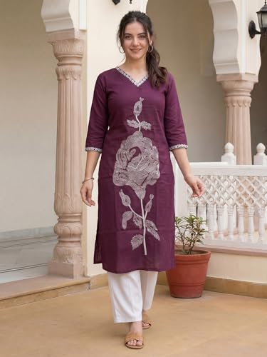 Image of INDO ERA Women Viscose Rayon Straight Fit Straight Floral Embroidered Kurtas