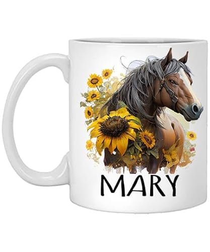 Horse Sunflower Personalized Coffee Mug, Custom Watercolor Mug with Name, Gift for Her, Birthday Gift Name Mary 11oz White Mug 11oz White Mug Name Mug for Who Love Horse, Horse Mug 452847