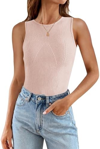 ZESICA Womens Ribbed Tank Tops 2024 Summer Sleeveless High Neck Casual Slim Fitted Basic Knit Shirts