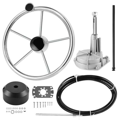 Acclcors Sistema de dirección de barcos, kit de dirección giratoria mecánica fuera de borda, con volante y cable de dirección marino de 10 pies o 12 a 16 pies, para barcos de pesca, yates y otras