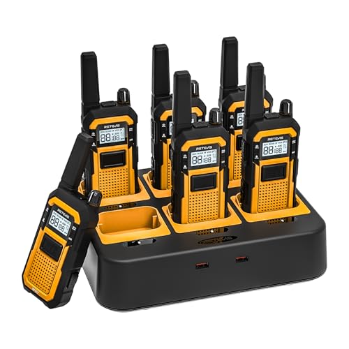 Retevis RB48 Walkie Talkies for Adults, Heavy Duty 2 Way Radios Long Range with Six-Way Charger, IP67 Waterproof, Shock Resistant, Dual PTT, for Jobsite Construction(6 Pack)