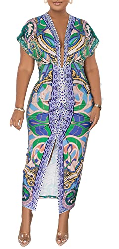 Image of Womens Sexy Cap Sleeeve Deep V Neck Ruffles Printed Bodycon Split Party Clubwear Dress