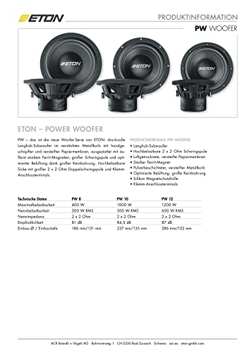 ETON PW 10: Kräftiger 25 cm / 10 Zoll Langhub Woofer, Bass fürs Auto, Bass Lautsprecher mit Ferritmagnet, handgeschöpfter Papiermembran, 2 x 2 Ohm Doppelschwingspule, 1000 Watt