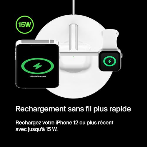 Belkin Chargeur magnétique 3-en-1 MagSafe, 15 W, chargeur sans fil, recharge rapide d'iPhone, d'Apple Watch et d'AirPods, chargeur MagSafe sans fil pour iPhone 16, 15, 14, 13, Apple Watch et AirPods
