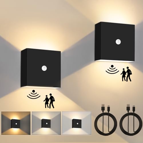 Heromind 2 Pack Motion Sensor Wall Light, 3 Modes Wireless LED Indoor Up/Down Wall Sconce, Rechargeable Battery Powered Brightness Adjustable Wall Lamps, Black
