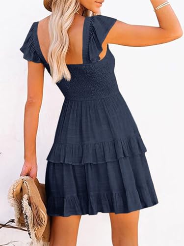 Image of Fessceruna Womens Summer Ruffle Dresses Elastic Empire Waist A-line Layered Swing Flowy Mini Dress