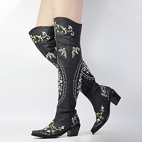 Sarairis Women’s Black Cowboy Boots Knee High Boots Pointed Toe Flower Embroidered Zipper Boots Thigh High Boots Chunky Heel Cowgirl Boots For Women #TOP1