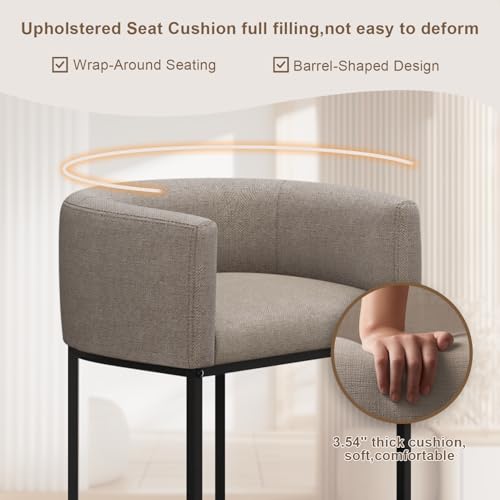 Image of 26 inch H Counter Height Bar Stools Set of 1, Modern Barrel Counter Stools with Backrest and Arms, Linen Fabric Upholstered Accent Barstools for Kitchen Island,Support 450 LBS (Sand)