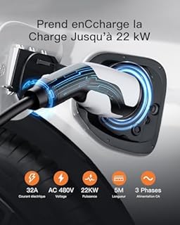 tomons Cable Recharge Voiture Electrique Type 2, 22KW 32A Triphasé 5M, Cable Type 2 Fait avec Modèles S/X/Y/3, ID.3, ID.4, E-Tron, Zoe, Kona, I3, avec CE/TUV