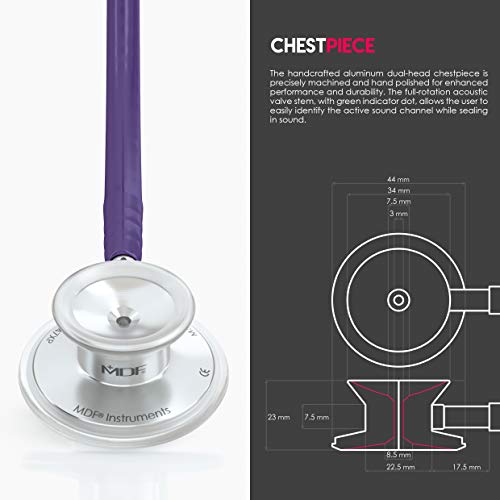 Image of MDF Instruments, Acoustica Lightweight Stethoscope for Doctors, Nurses, Students, Home Health Use, Adult, Dual Head, Purple Tube, Silver Chestpiece-Headset, MDF747XP08 | Dual Head, rotating chestpiece, Lifetime warranty, Free-Parts-for-Life, Latex-free, For doctors, nurses, students home health
