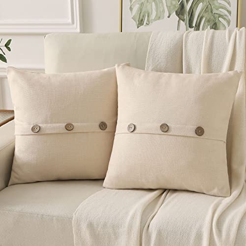 HAUSSY Beige Linen Decorative Throw Pillow Covers 20x20 Inch Set of 2,Square Cushion Case with 3 Vintage Buttons,Modern Farmhouse Home Decor for Couch,Bed by HAUSSY - Used condition - US$9.36