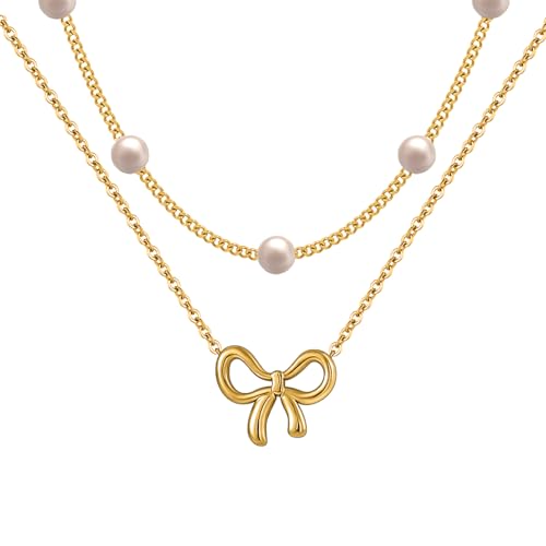 Qitian 18K Gold Plated Satellite Pearl & Bow Pendant Necklace for Women, Adjustable Layered Choker Chain Jewelry, Mini Gold Pearl Necklace Gift