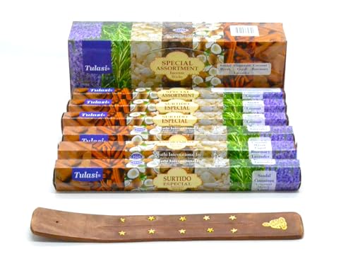 120 x sándalo Canela Coco Romero Lavanda Copal Assorted. Varillas de Incienso, 6 Cajas, con Soporte de Madera Decorado, Incienso de Joss, Fragancia casera