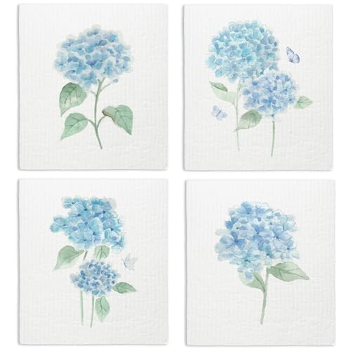 LARTSFRO Spring Floral Swedish Dishcloths for Kitchen, Swedish Dish Cleaning Cloths for Hydrangea, Papaya Reusable Paper Towels, 4 Pack Dish Towels for Kitchen, Reusable Paper Dishcloths Washable