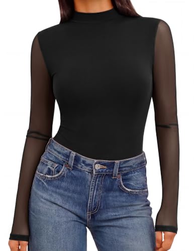 Image of Ekouaer Mesh Top Women Mock Neck Long Sleeve Sexy Slim Fit T-Shirts Sheer Black S