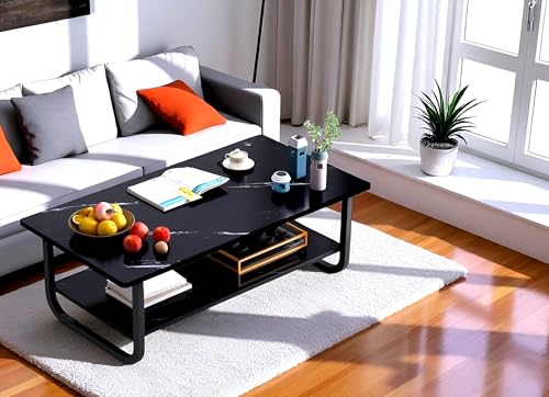 Image of Coffee Table 2 Tier, Storage Open Shelf Metal Base Marble Look Pattern Engineered Wood Center Table for Living Room, Industrial Farmhouse Metal Rectangle Cocktail Table (Black)