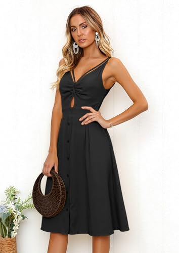 Image of ECOWISH Women 2026 Summer Dresses Tie Front V-Neck Spaghetti Strap Button Down A-Line Backless Swing Midi Dress