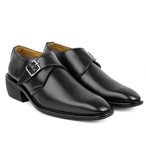 Men's 2" Heel Height Increasing Black Formal Moccasion Monk Buckle, Slipon Shoes with Synthetic Material and Pu Sole. - 10 UK
