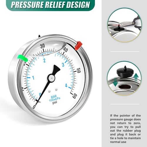 Image of 0-60PSI Stainless Steel Liquid Filled Pressure Gauge, 4 inch Dial Size, 1 /4 inch NPT Back Mount, for Tube, Water Pump, Gas, Liquid, Pressure Test (with Range Mark Pointer)
