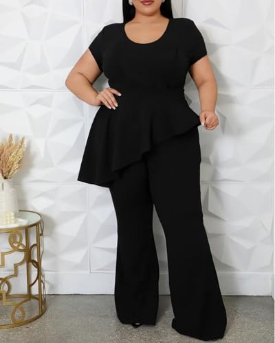 Plus Size 2 Piece Sets for Curvy Women Short Sleeve Pleated Top Wide Leg Pants Sets Pockets Business Pantsuits3