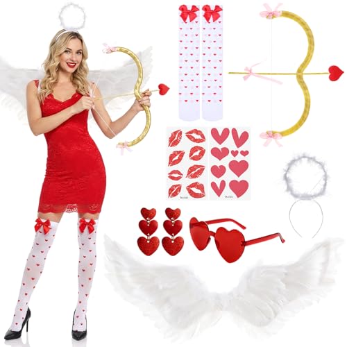 JATEBI 9 Pcs Cupid Costume Set Cupid Dress Up Bow and Arrow Bow High Stockings Heart Sunglasses Earrings for Women Valentines Halloween Cosplay Wedding Party Supplies
