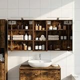 Teenpull Set di 3 armadietti da bagno in legno, 130 x 14,5 x 70 cm, con montaggio a parete, vano portaoggetti, mobiletto sottolavabo, illuminazione a LED, specchio bidirezionale