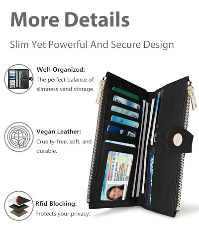 Image of Cow Women's Slim Wallet,Thin RFID Card Holder with Zipper Pocket | 12 Slot Wallet Organizer, Large Capacity, Vegan Leather, Coin Purse, Cash Compartment, Travel Wallet, Women Gift