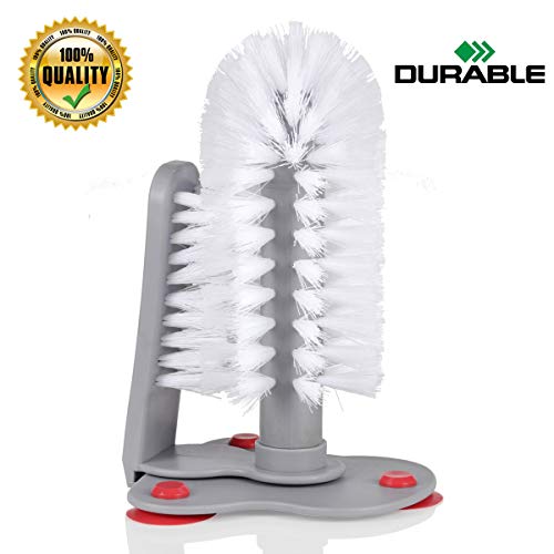White Double Side Bar Glass Brush Washer Cleaner with Suction Base, Cups Mug