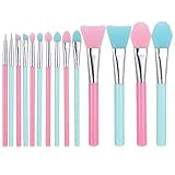 JIYIN 14 Pcs Silicone Makeup Brush Applicator Kit, Silicone Brush Applicator for Cream Makeup Products and UV Resin Epoxy Art Crafting, Resin Face Mask Brushes Green+Pink