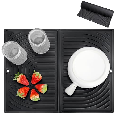 Oamwrae Alfombrilla Escurreplatos de Silicona, Plegable, Resistente al Calor, Antideslizante Alfombra Fregadero para Cocina (43×34cm, Negro)