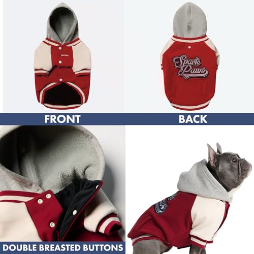 Image of Spark Paws Varsity Dog Hoodie - Premium Dog Sweater for Small, Medium, and Large Dogs | Warm Clothes for Pets, Winter Jacket Alternative - Red - M
