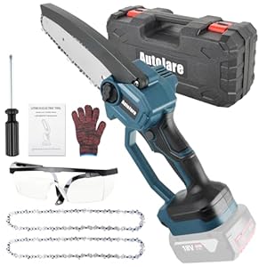 AUTOJARE 6 inch mini-kettingzaag, compatibel met Bosch 18 V accu, borstelloze motor, accu kettingzaag met 2 kettingen, elektrische zaag voor het zagen van takken en hout (zonder batterij)