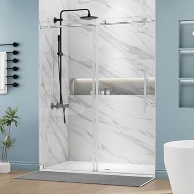 DELAVIN 59" W x 72" H Frameless Shower Door, 5/16" (8mm) Tempered Clear Glass Sliding Shower Door with Explosion-Proof Film, Stainless Steel Glass Shower Door Reversible Installation, Silver