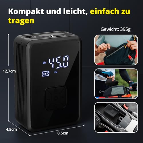 Oasser Elektrische Luftpumpe 150PSI Fahrradpumpe Akku Luftpumpe Tragbarer mit LED Licht für Auto Motorrad Fahrrad Ball Reise Camping