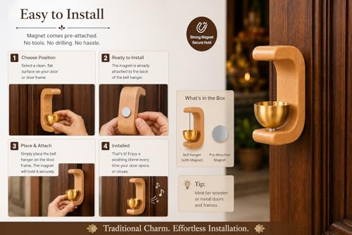 Image of Wooden Door Bell with Brass Bowl | Magnetic Door Chime Bell | Shopkeepers Doorbell for Door Opening | Decorative Magnetic Chime | Ideal for Home, Shop & Housewarming Gift
