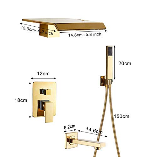 Ensemble de robinet de douche cascade doré mural avec mitigeur de bain