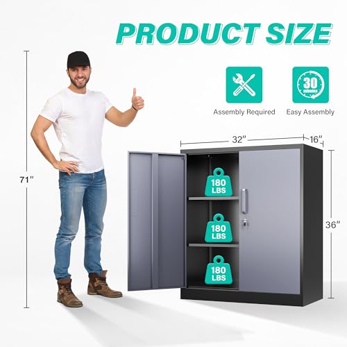 Image of SISESOL Metal Storage Cabinet with Doors and Shelves,Garage Storage Cabinet with Lock,Black Grey Metal Cabinets with Locking Doors,Steel Cupboard for Home,Office,Garage Cabinets 36 inch H