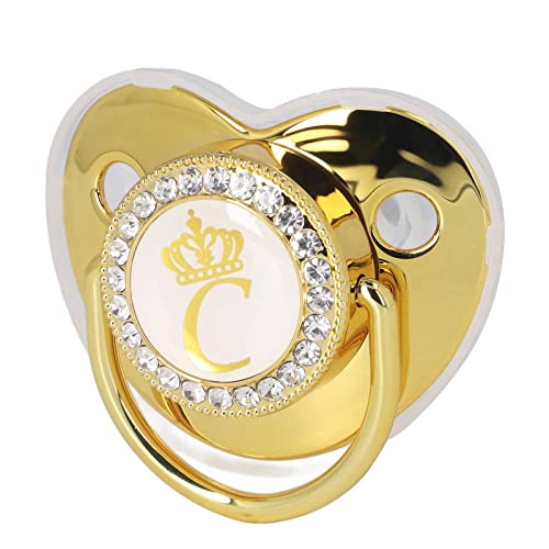 Image of Baby Pacifier and Clips, Bling 26 Letters Golden Baby Infant Newborn Pacifier Teething Toy for Boys Girls 6-18 Months Home Travel Use(C)