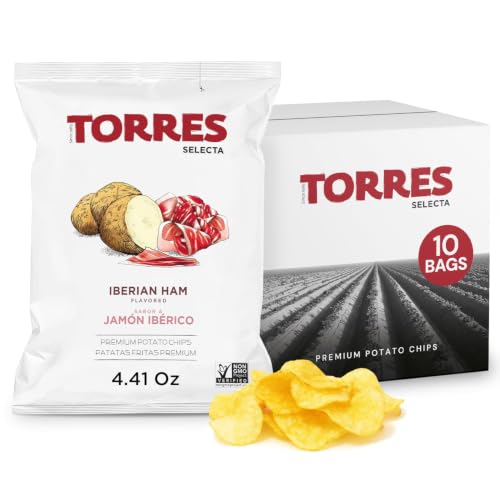 Image of TORRES Iberian Ham Selecta Gourmet Potato Chips - Small Batch Artisan Kettle Chips - 4.41 oz. (Pack of 10)