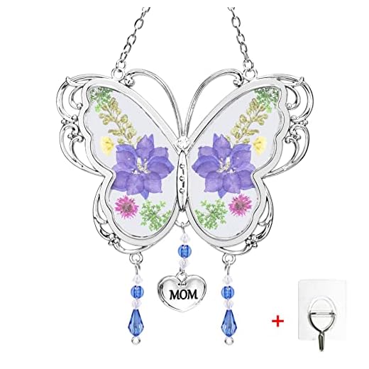 BOGDAN Butterfly Suncatcher with Pressed Flower Wings Mom Mother's Day Butterfly Glass Wind Chime Ornament Charm with Metal Heart Gifts for Mom Birthday (Mom
