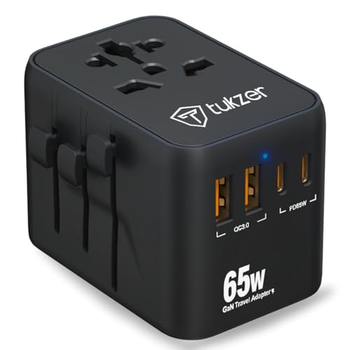Image of Tukzer 65W Universal Travel Adapter, GaN Fast Charging Adapter with 2 Type C & 1 USB Ports, Universal Plug Socket, All in One International Travel Adapter for Laptop /MacBook & Mobile Charging- Black