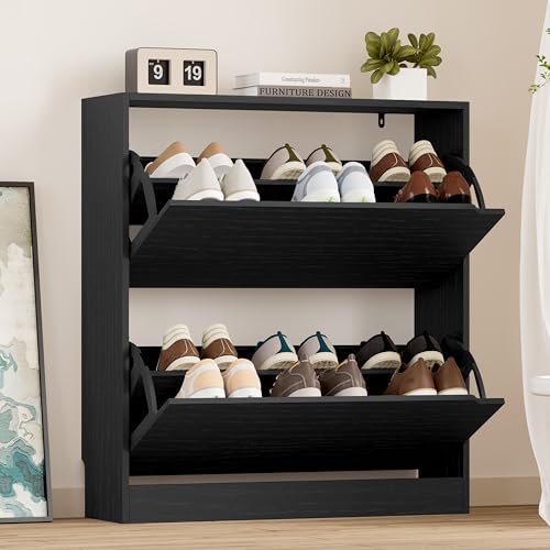 Image of BORNOON Shoe Cabinet with 2 Flip Drawers, Slim Narrow Shoe Storage Cabinet, Freestanding Shoe Organizer with Adjustable & Removable Shelves, Top Display Shelf for Entryway, Hallway, Foyer, Closet