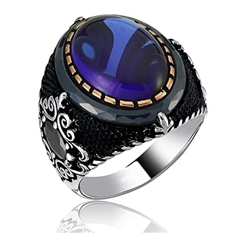 Blue Tiger Eye Stone Oval Model Handmade Sterling Silver Men's Ring With Stone Ornamented Patterns (X) Cover